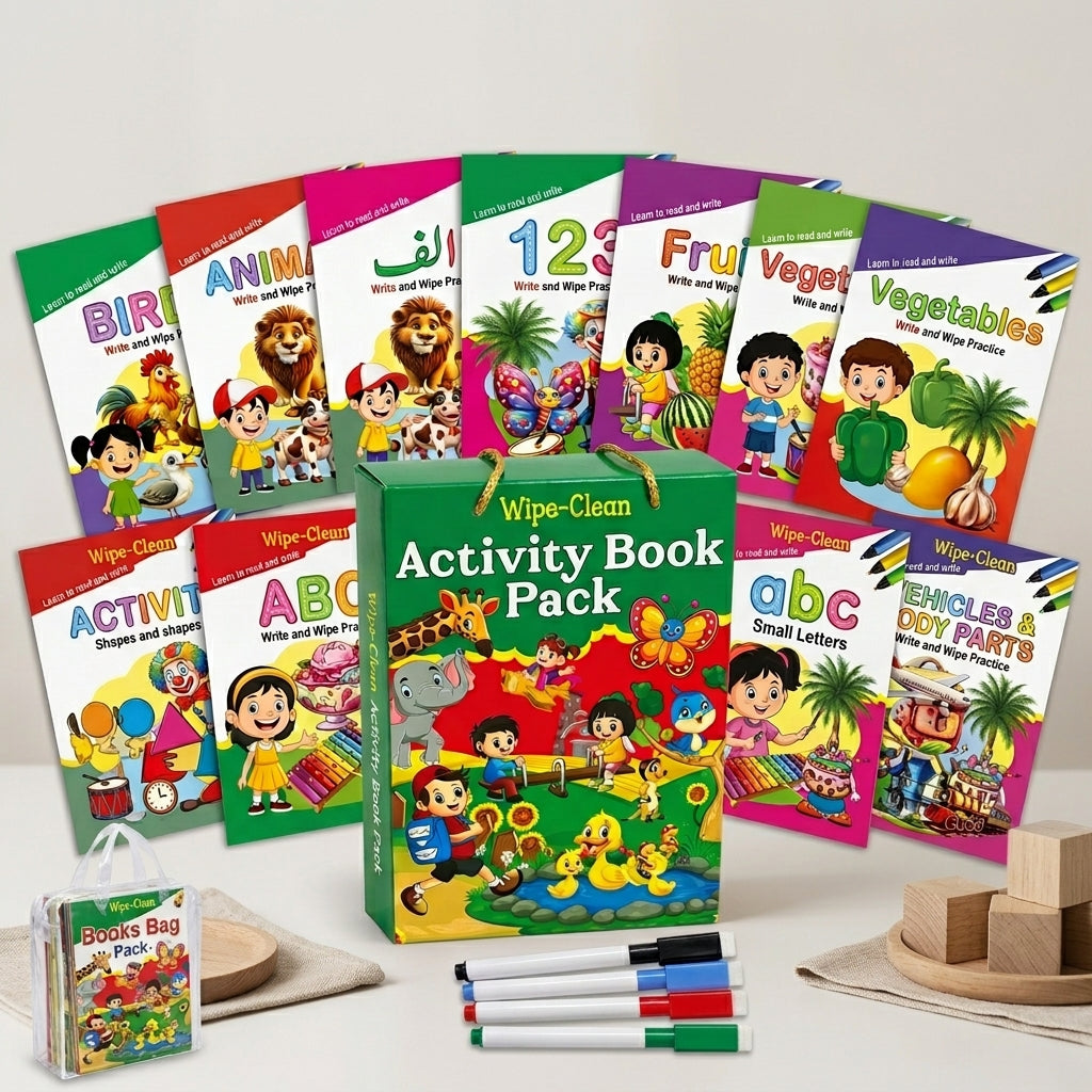 A children's activity book and coloring set displayed on a light neutral surface. The main product is a green box labeled 'Wipe-Clean Activity Book Pack,' surrounded by multiple colorful book covers showing educational titles like BIRDS, ANIMALS, numbers, fruits, vegetables, shapes, ABC, and body parts.