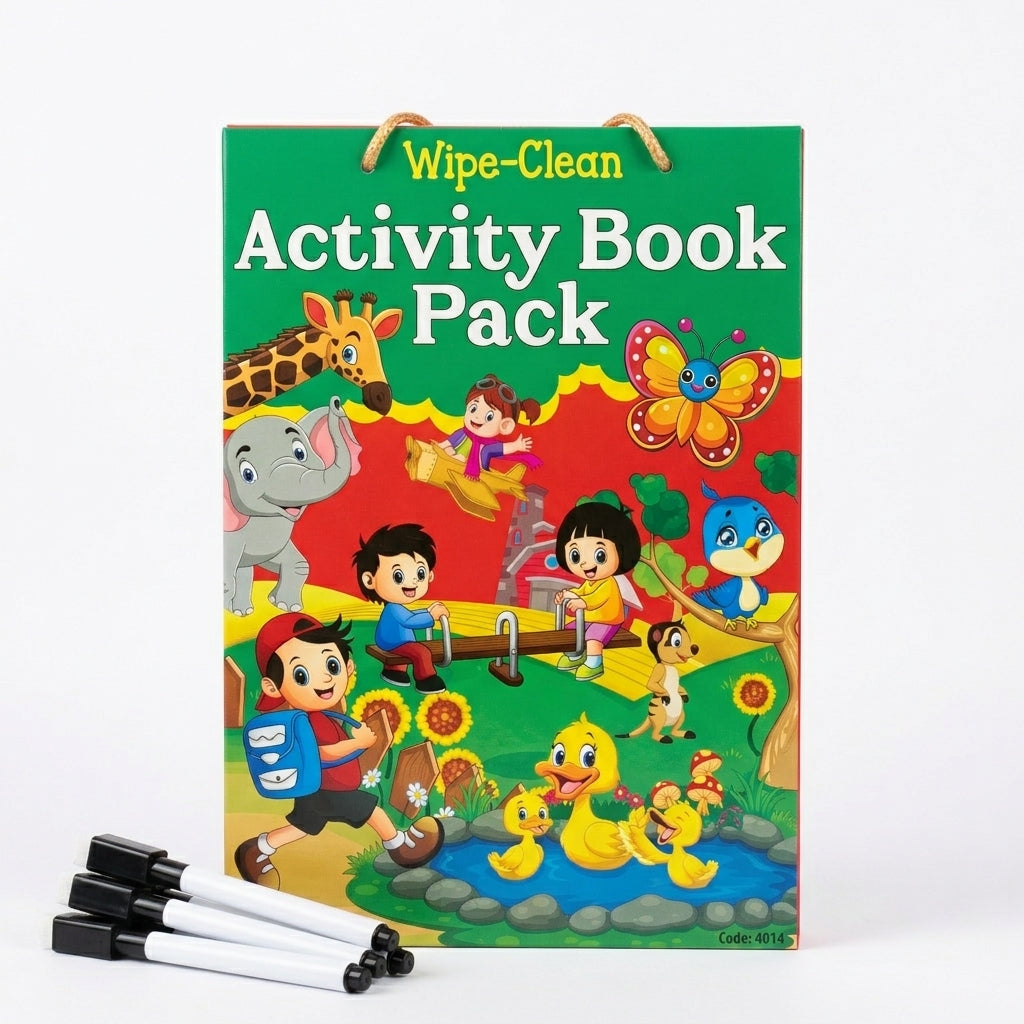 Wipe-Clean Activity Book Pack in a colorful children's activity book box with cartoon animals and kids, shown standing upright on a white background with four black-and-white markers in front.