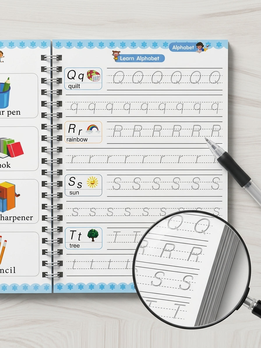 Uppercase and lowercase alphabet tracing page with a pen and magnified view of the writing grooves