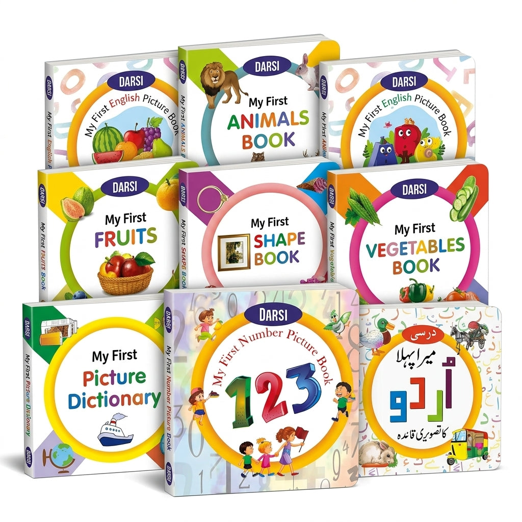 Kids' learning board books with colourful covers for English, Urdu, numbers, animals, fruits, vegetables and shapes