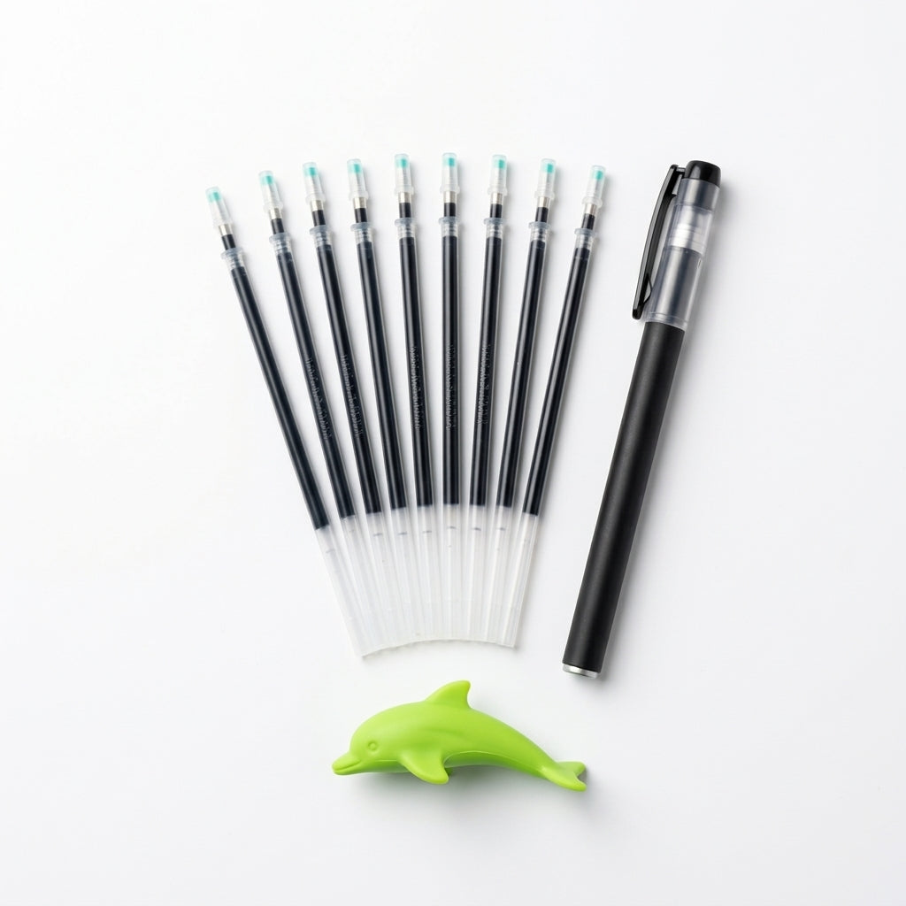 Black magic writing pen with spare ink refills and a green dolphin-shaped silicone grip