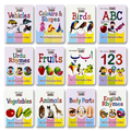Twelve mini board books covering English and Urdu alphabets, numbers, rhymes, animals and everyday topics

My Learning Library mini board books displayed in front of a blue carrying case with a handle