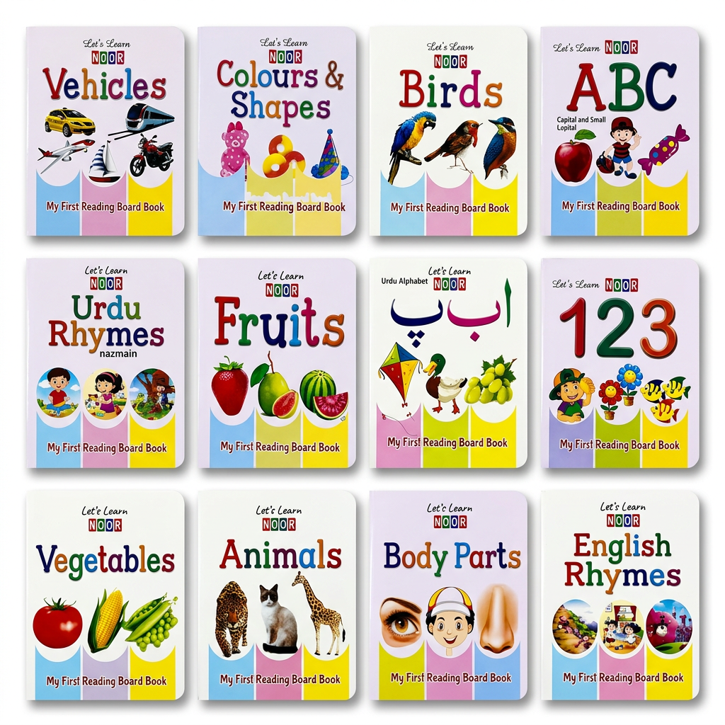 Twelve mini board books covering English and Urdu alphabets, numbers, rhymes, animals and everyday topics

My Learning Library mini board books displayed in front of a blue carrying case with a handle