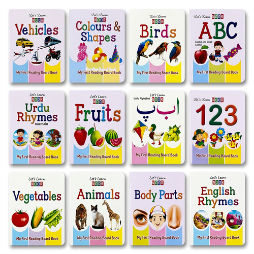 Twelve mini board books covering English and Urdu alphabets, numbers, rhymes, animals and everyday topics

My Learning Library mini board books displayed in front of a blue carrying case with a handle