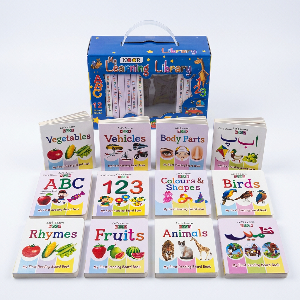 : My Learning Library mini board books displayed in front of a blue carrying case with a handle