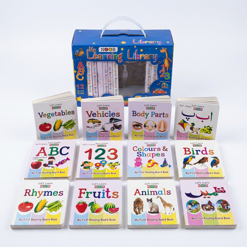 : My Learning Library mini board books displayed in front of a blue carrying case with a handle