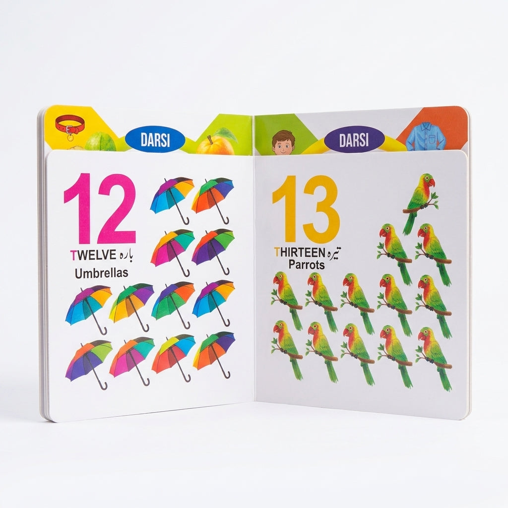 Open counting board book showing numbers 12 and 13 with umbrella and parrot illustrations and English and Urdu labels