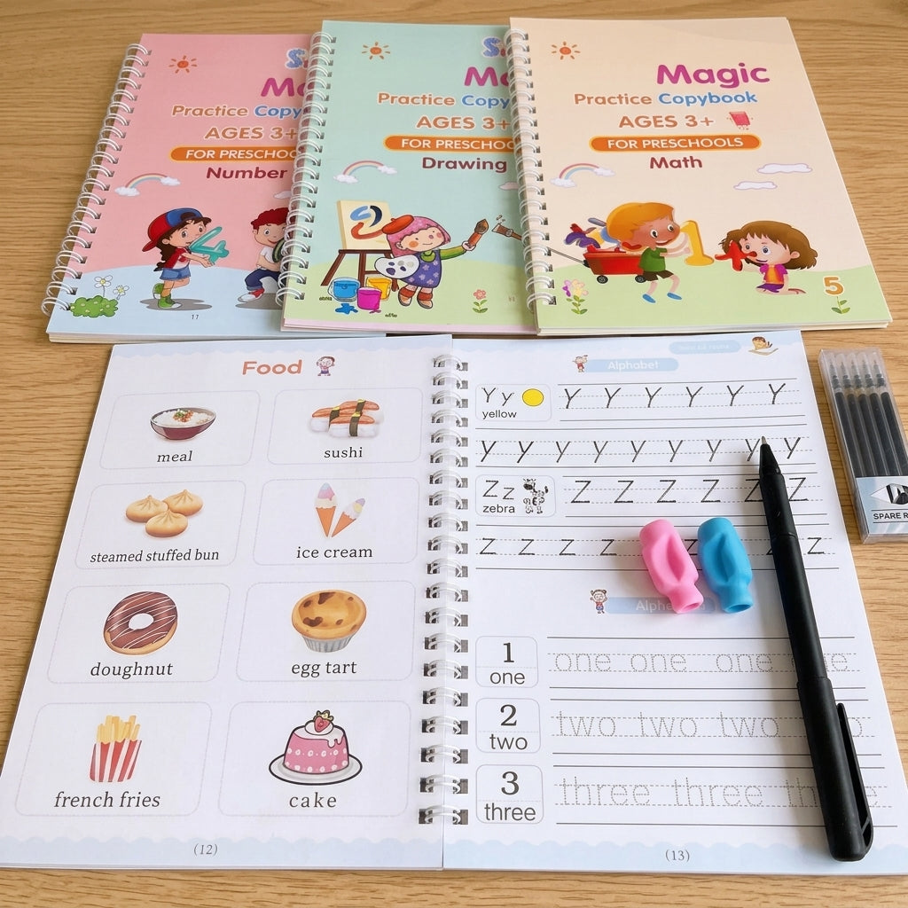Open Sank Magic copybook showing alphabet and number tracing, with practice books, pen and grips