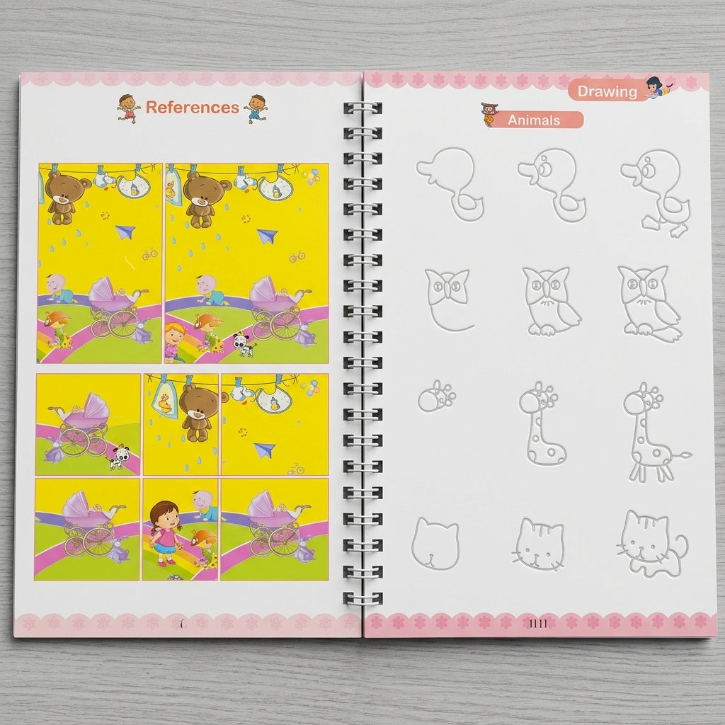 Open drawing copybook showing step-by-step duck, owl, giraffe and cat outlines