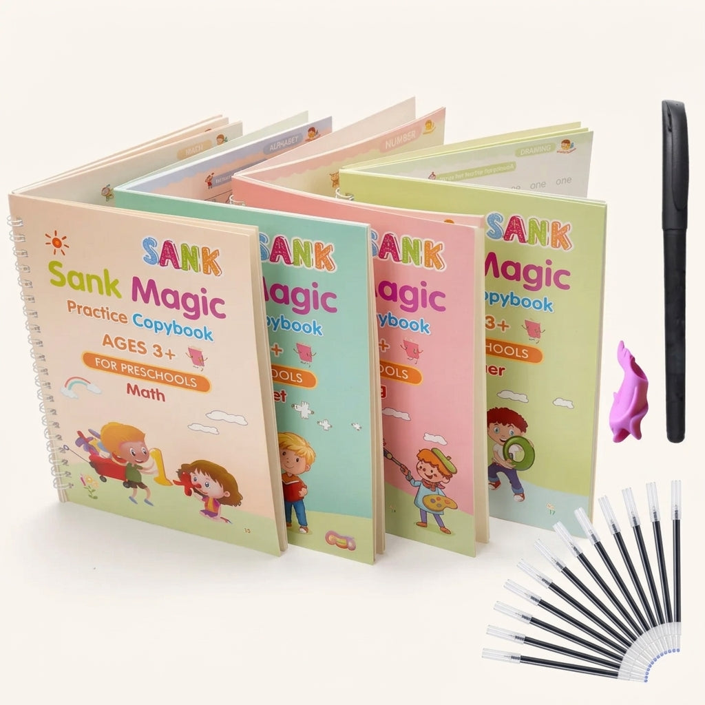 Sank Magic practice copybook set of four with pen, silicone grip and spare refills