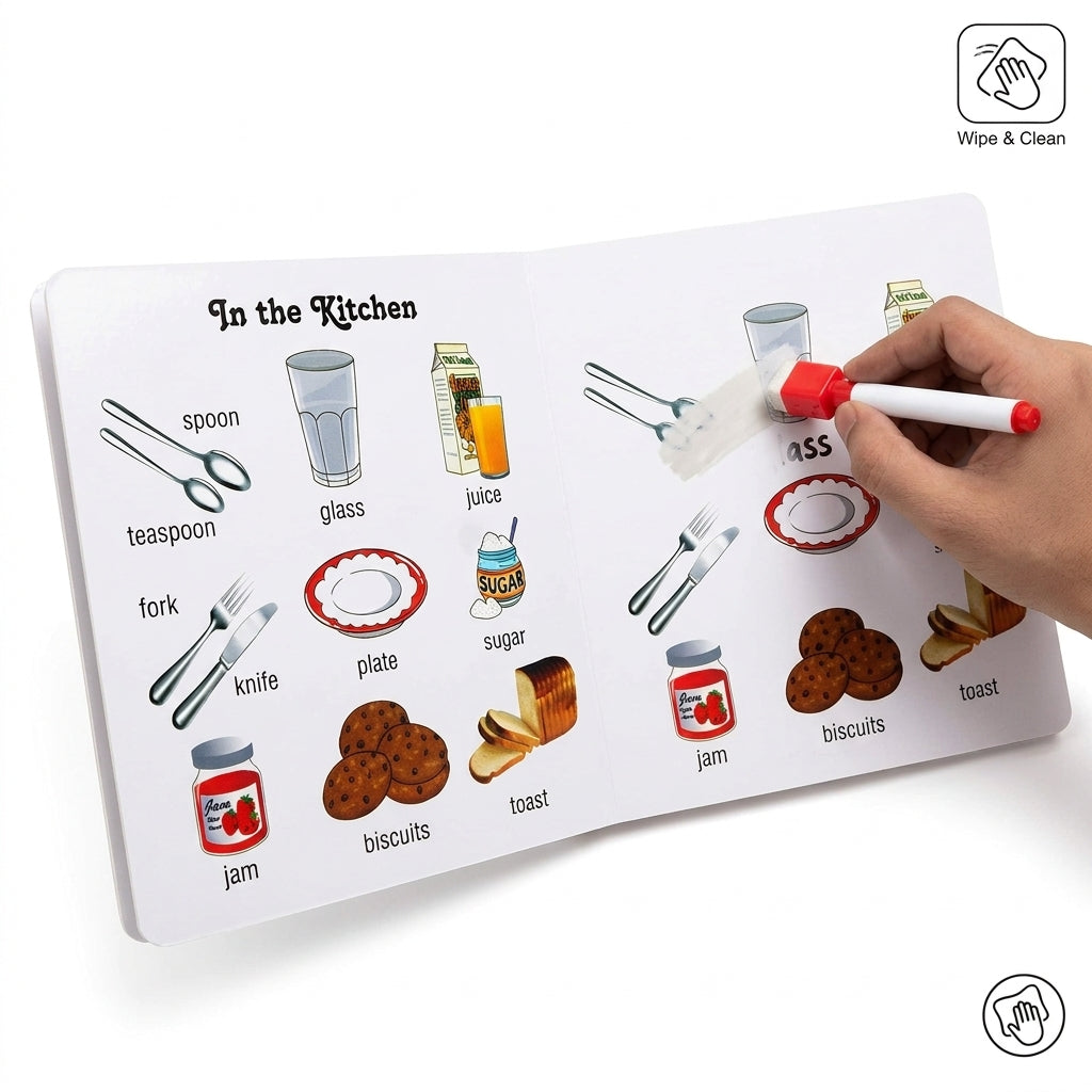Hand wiping a kitchen vocabulary board book page beside pictures of cutlery, food and drinks