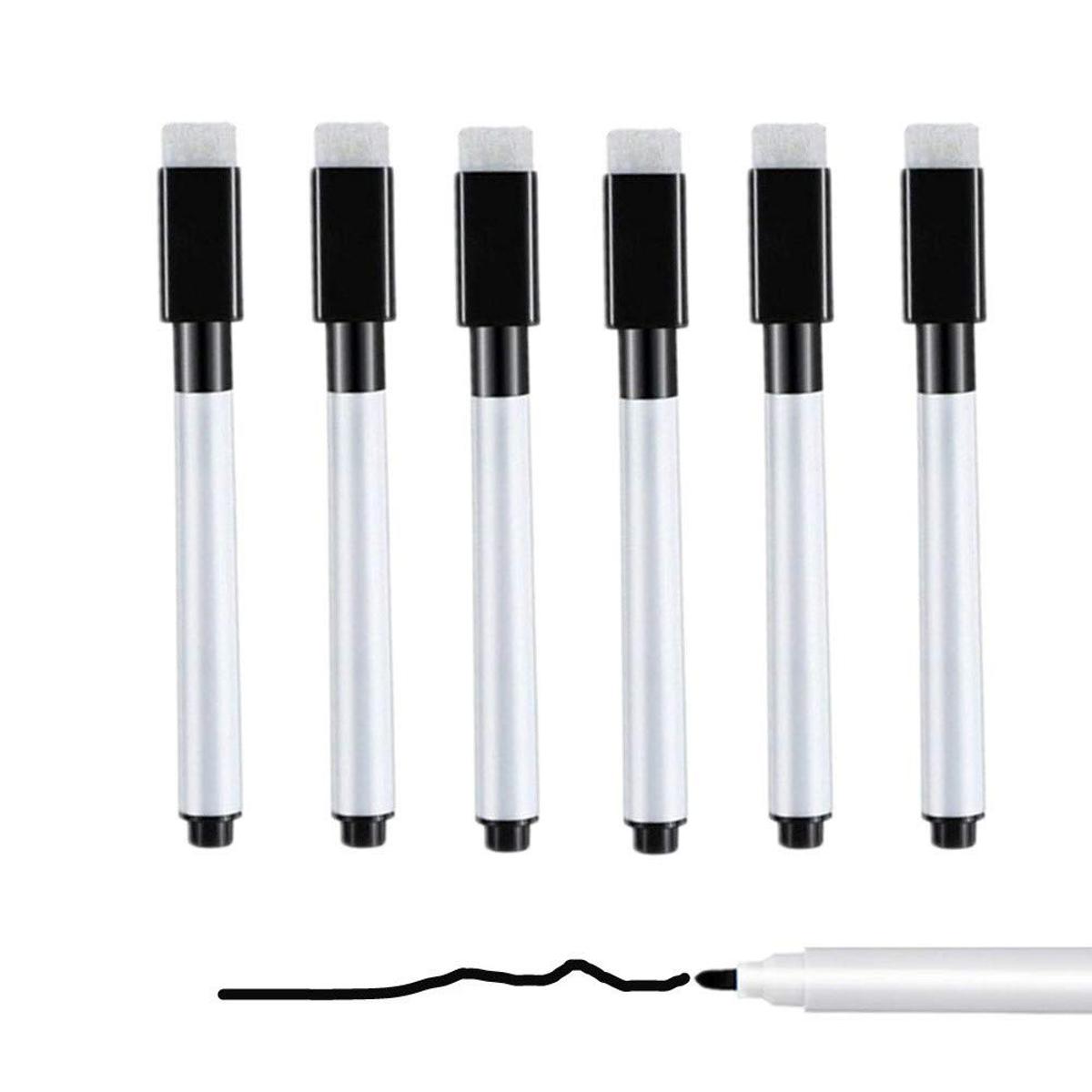 Six white and black dual-sided marker pens arranged in a row on a white background, with one pen shown at the bottom drawing a black squiggle line.