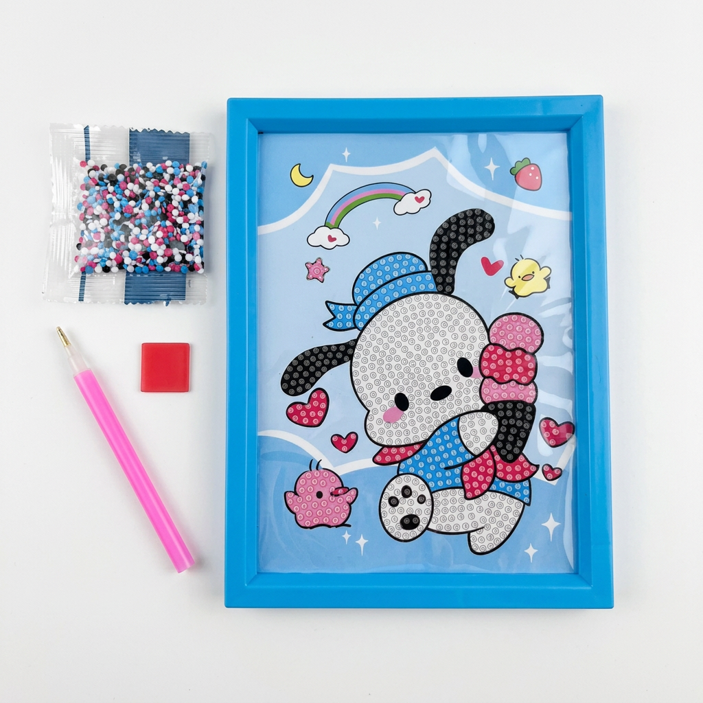 Puppy diamond painting kit with blue frame, multicoloured beads, pink applicator pen and red wax on white