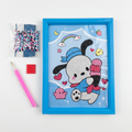 Puppy diamond painting kit with blue frame, multicoloured beads, pink applicator pen and red wax on white